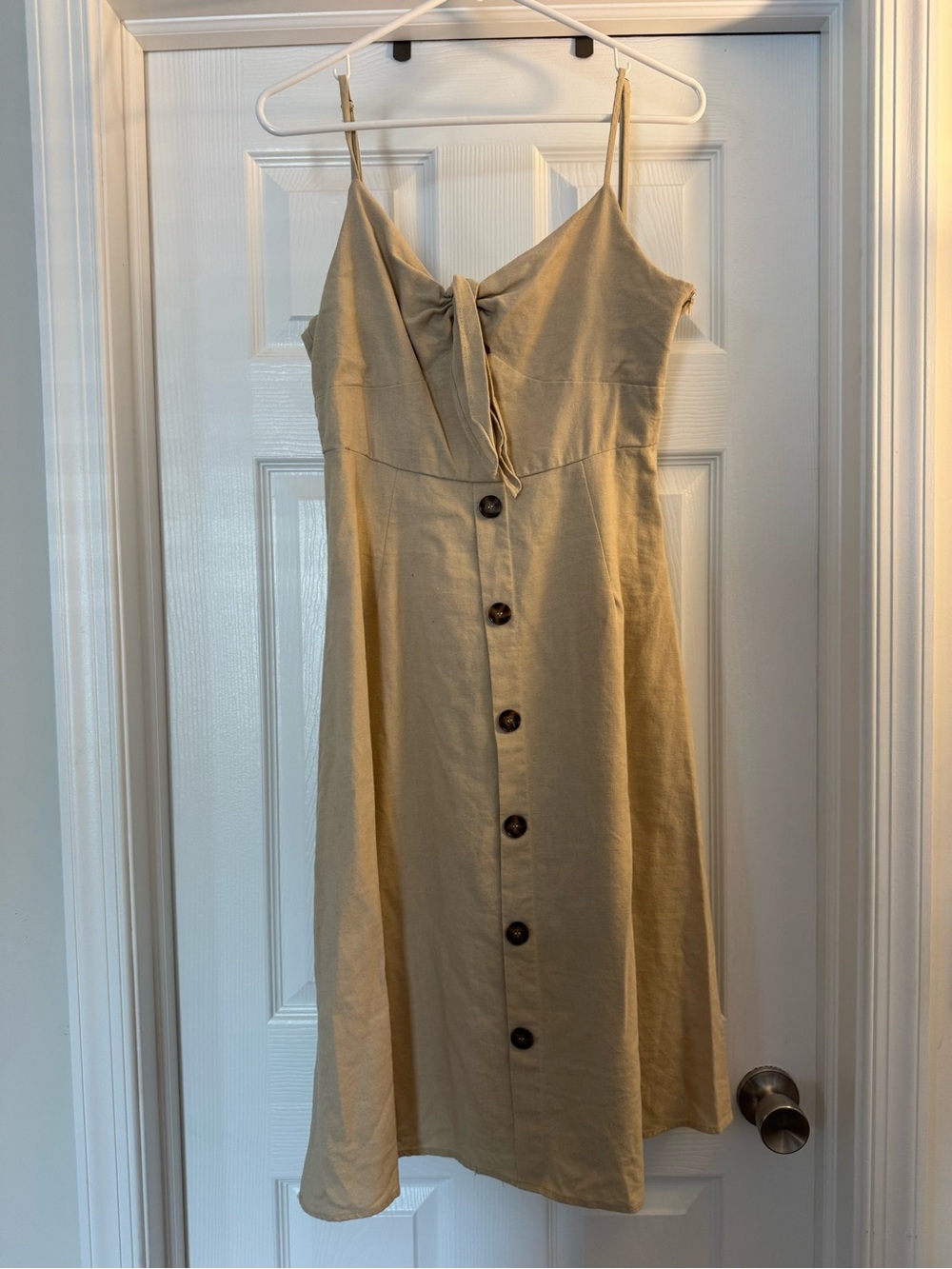 Lara Sleeveless Beige Button-Front Midi Dress with Tie Detail